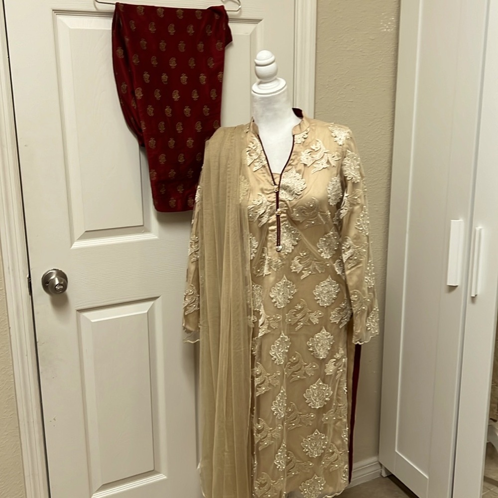 Shalwar Kameez- Elegant Beige Long Sleeve Dress, Size Medium